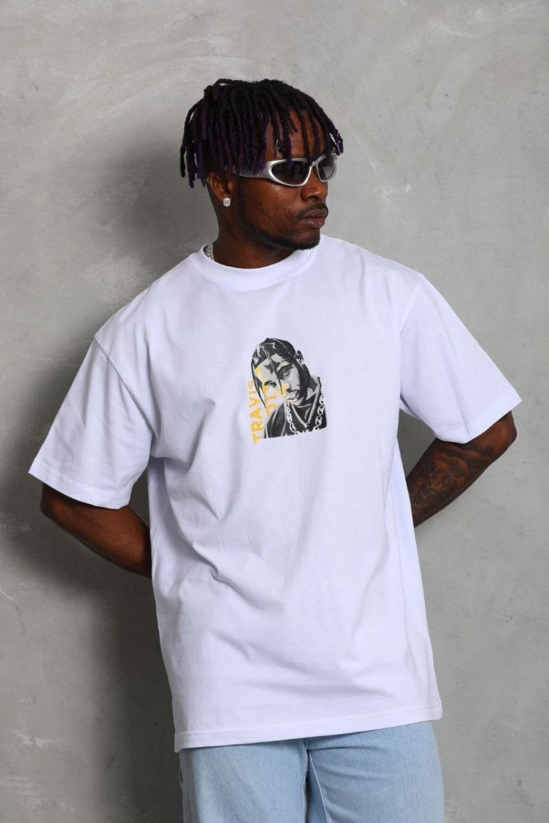 Fantastik Store Erkek Baskılı Tişört Kısa Kol Bisiklet Yaka Oversize T-Shirt - Beyaz