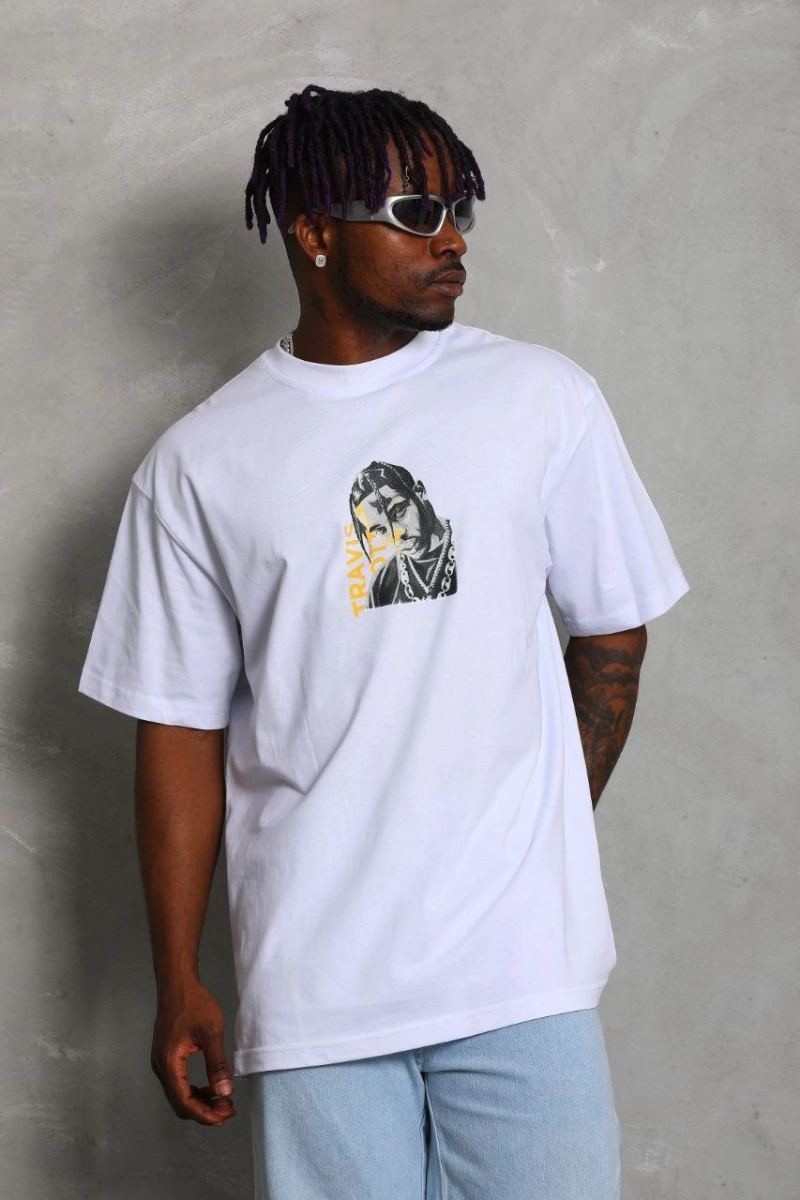 Fantastik Store Erkek Baskılı Tişört Kısa Kol Bisiklet Yaka Oversize T-Shirt - Beyaz görsel 2