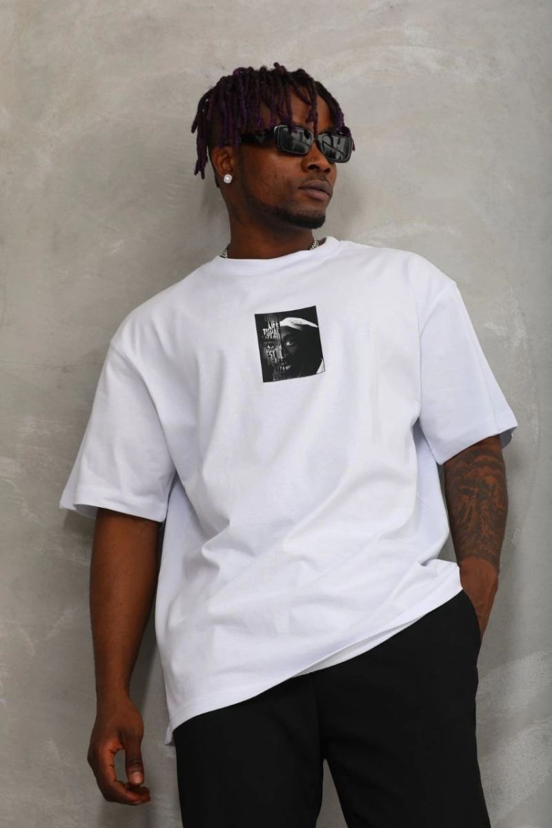 Fantastik Store Erkek Kısa Kol Yazlık Tişört Bisiklet Yaka Baskılı Oversize T-Shirt - Beyaz