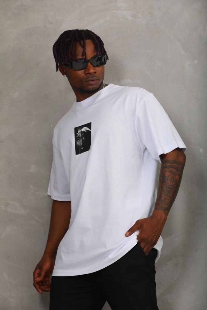 Fantastik Store Erkek Kısa Kol Yazlık Tişört Bisiklet Yaka Baskılı Oversize T-Shirt - Beyaz görsel 2
