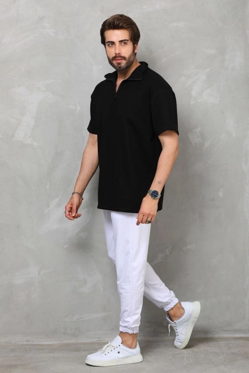 Fantastik Store Erkek Yarım Fermuarlı Düz Oversize T-Shirt - Siyah görsel 4