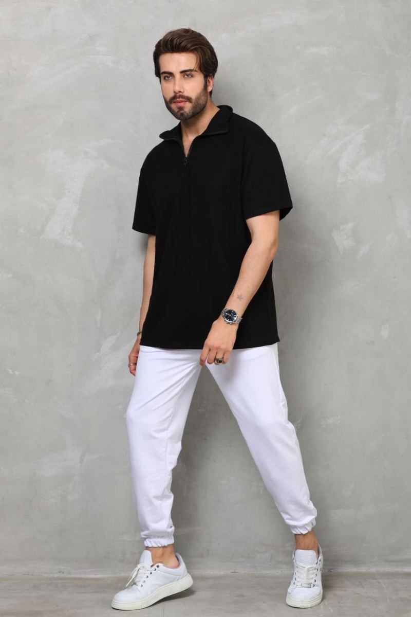Fantastik Store Erkek Yarım Fermuarlı Düz Oversize T-Shirt - Siyah görsel 5
