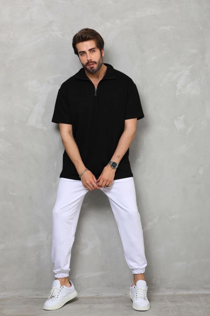 Fantastik Store Erkek Yarım Fermuarlı Düz Oversize T-Shirt - Siyah görsel 6