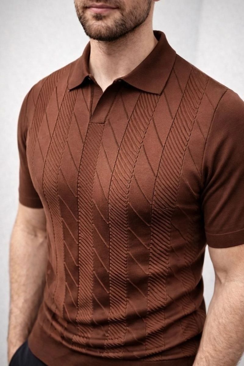 Fantastik Store Erkek Yazlık Triko Dokuma Tişört Kısa Kol Polo Yaka T-Shirt - Kahverengi