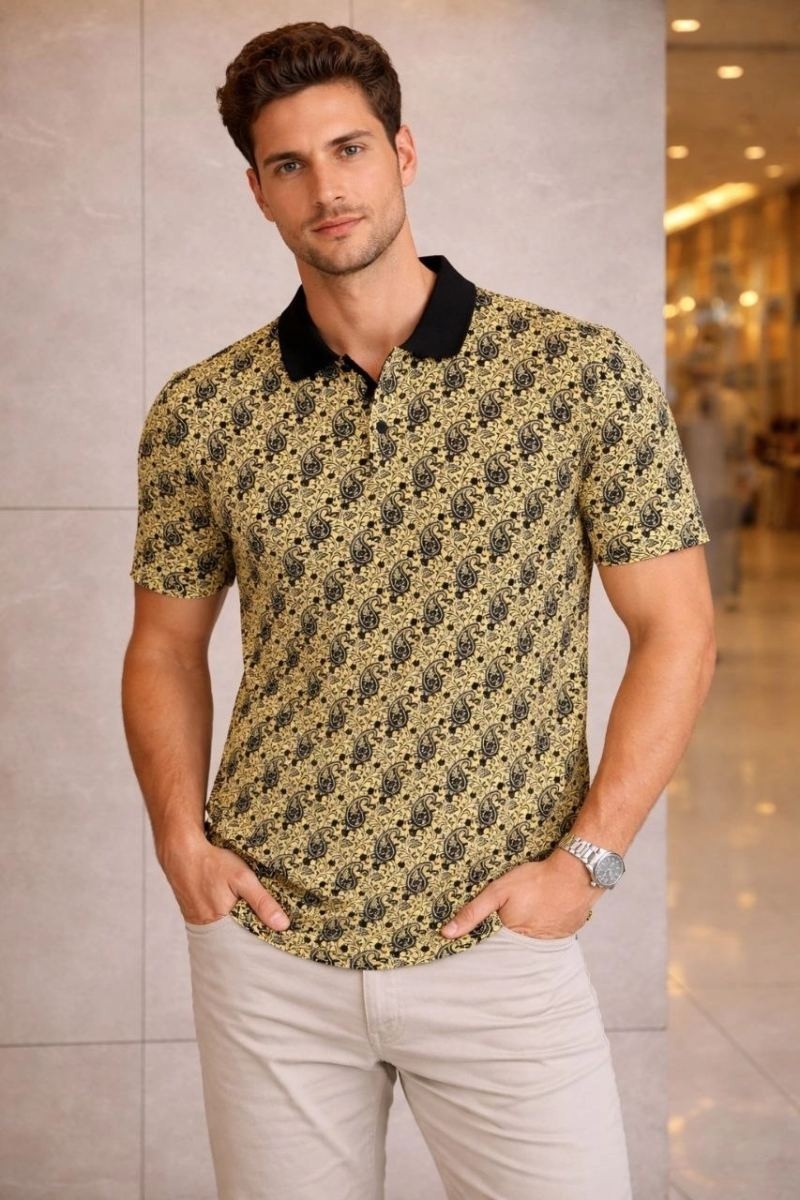 Fantastik Store Erkek Pike Kumaş Polo Yaka Palmiye Desenli Tişört Kısa Kol Yazlık T-Shirt - Sarı
