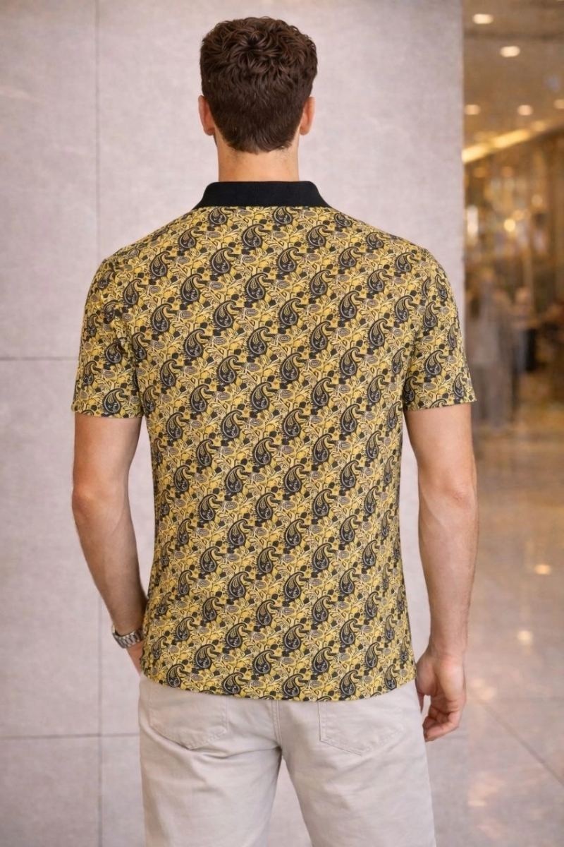Fantastik Store Erkek Pike Kumaş Polo Yaka Palmiye Desenli Tişört Kısa Kol Yazlık T-Shirt - Sarı görsel 2
