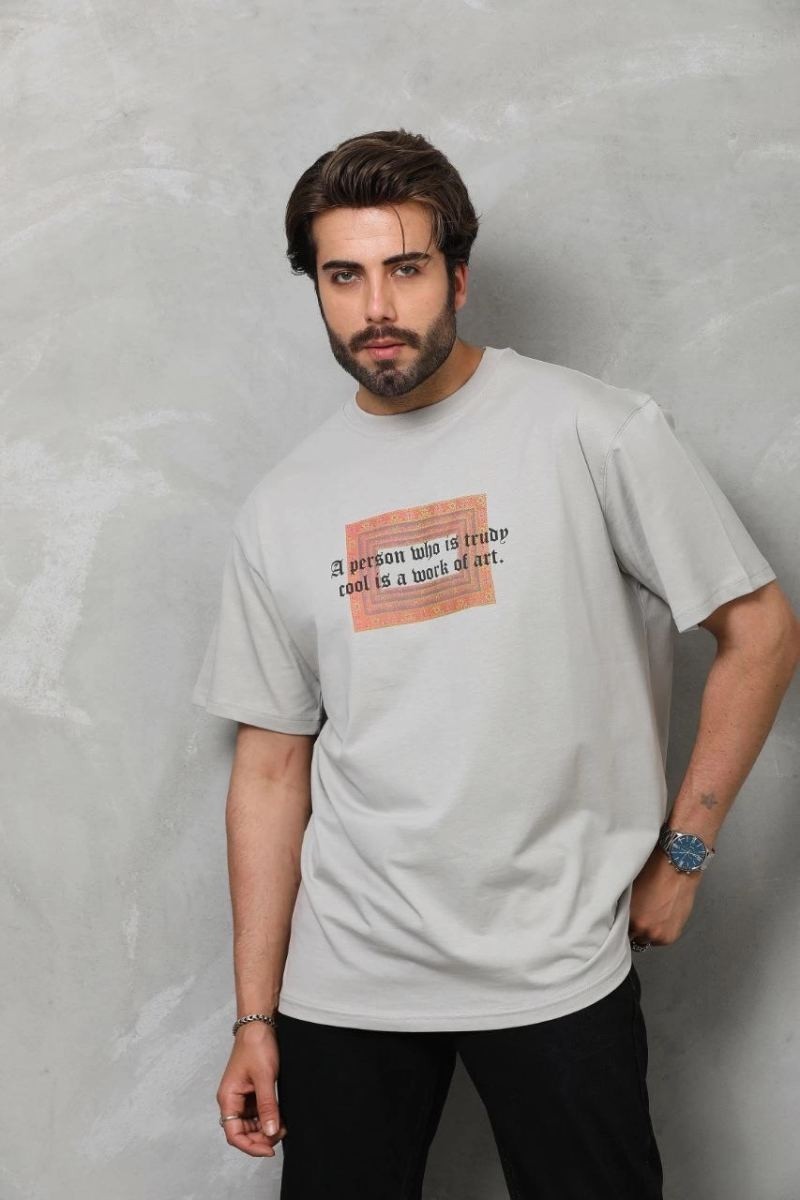 Fantastik Store Erkek Baskılı T-Shirt Kısa Kol Bisiklet Yaka Regular Fit Rahat Kalıp Tişört - Gri