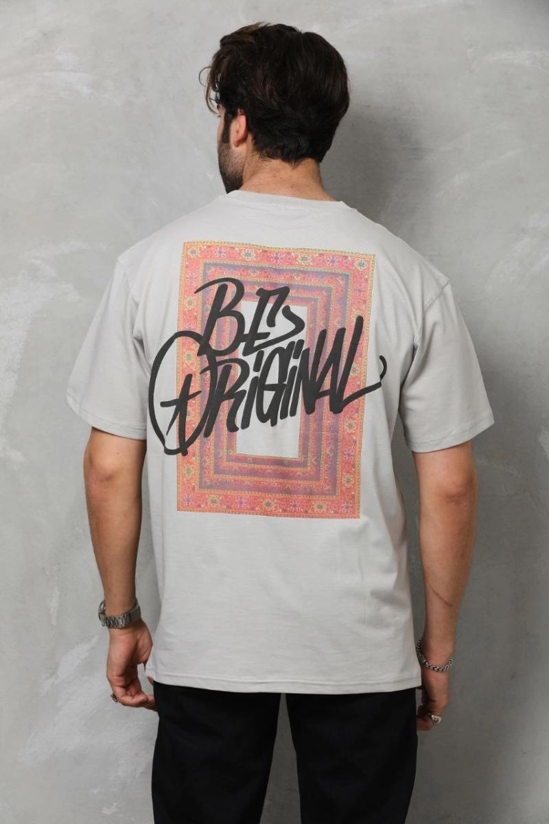 Fantastik Store Erkek Baskılı T-Shirt Kısa Kol Bisiklet Yaka Regular Fit Rahat Kalıp Tişört - Gri görsel 2