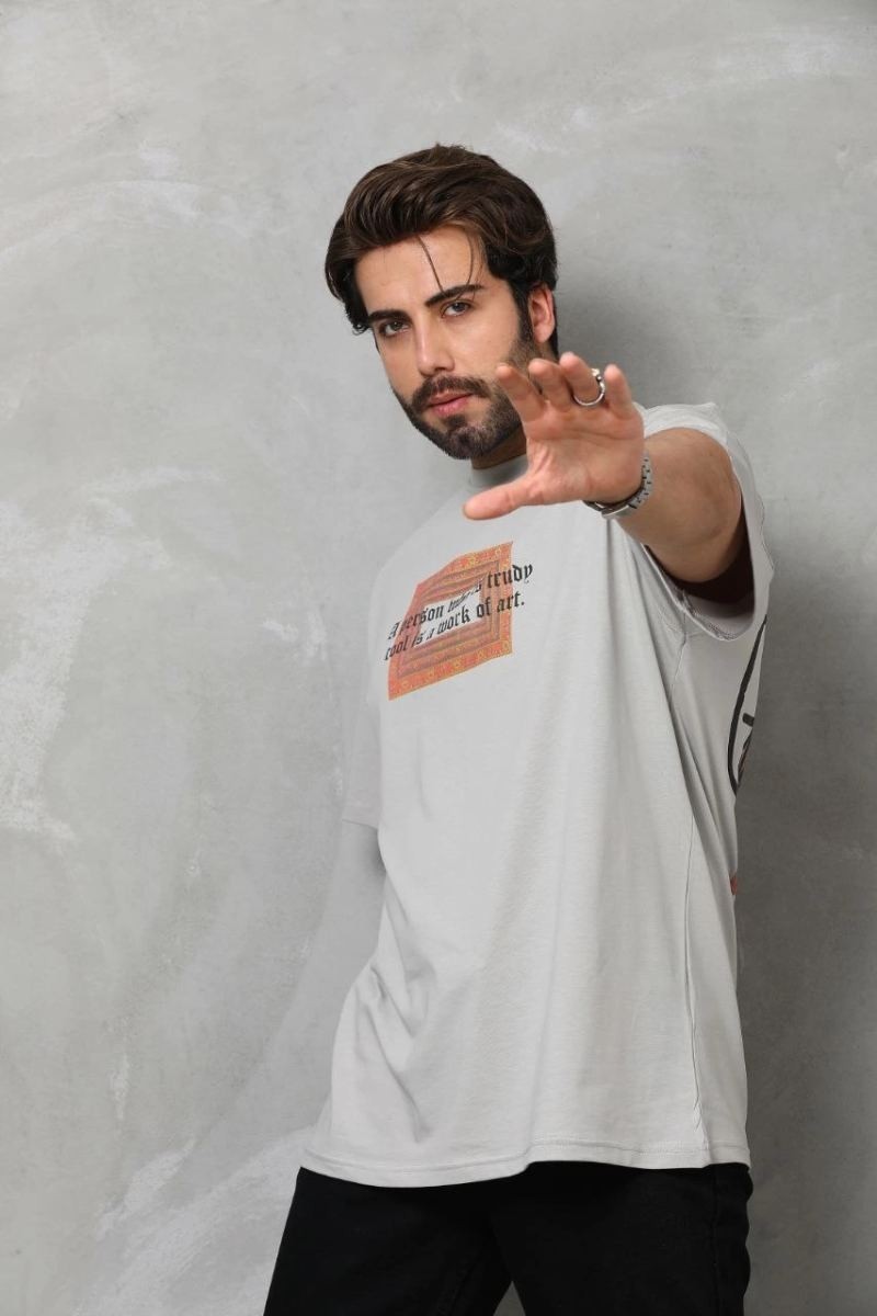Fantastik Store Erkek Baskılı T-Shirt Kısa Kol Bisiklet Yaka Regular Fit Rahat Kalıp Tişört - Gri görsel 3