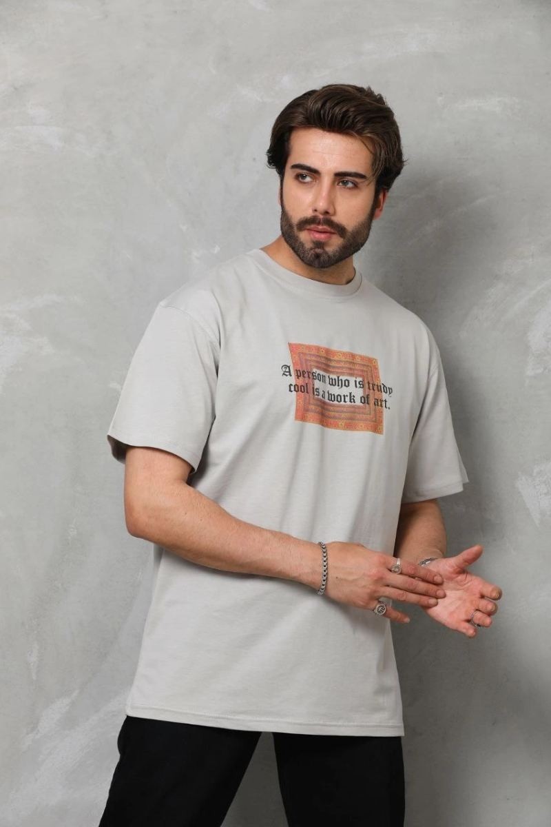 Fantastik Store Erkek Baskılı T-Shirt Kısa Kol Bisiklet Yaka Regular Fit Rahat Kalıp Tişört - Gri görsel 4