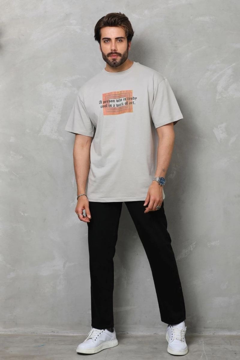Fantastik Store Erkek Baskılı T-Shirt Kısa Kol Bisiklet Yaka Regular Fit Rahat Kalıp Tişört - Gri görsel 5