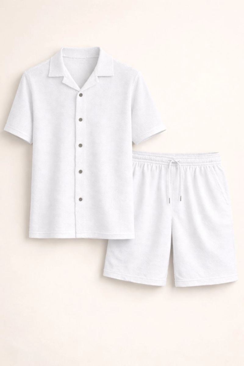 Fantastik Store Erkek Waffle Kumaş Kısa Kol Gömlek Şort Takım Regular Yazlık Ikili Set - Beyaz görsel 2