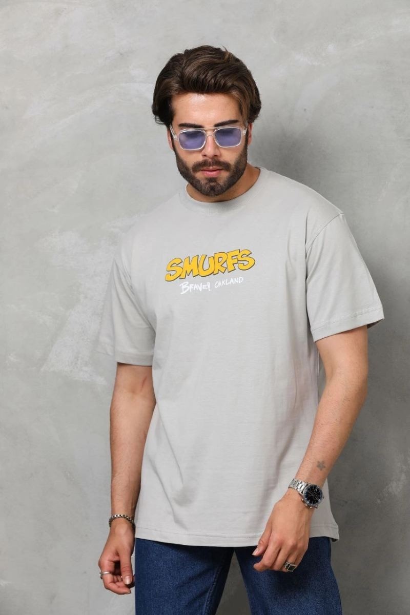 Fantastik Store Erkek Kısa Kol Yazlık Tişört Bisiklet Yaka Baskılı Oversize T-Shirt - Gri