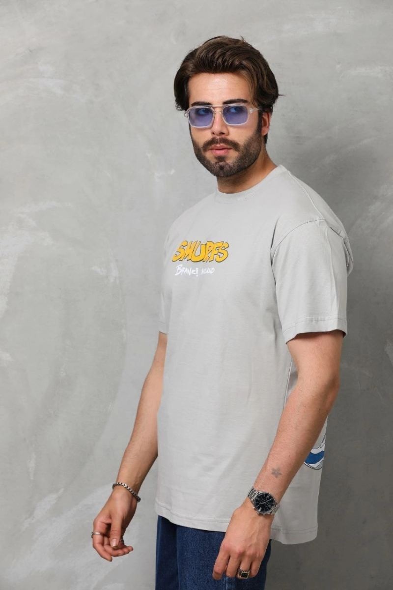 Fantastik Store Erkek Kısa Kol Yazlık Tişört Bisiklet Yaka Baskılı Oversize T-Shirt - Gri görsel 2
