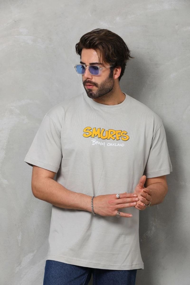 Fantastik Store Erkek Kısa Kol Yazlık Tişört Bisiklet Yaka Baskılı Oversize T-Shirt - Gri görsel 4