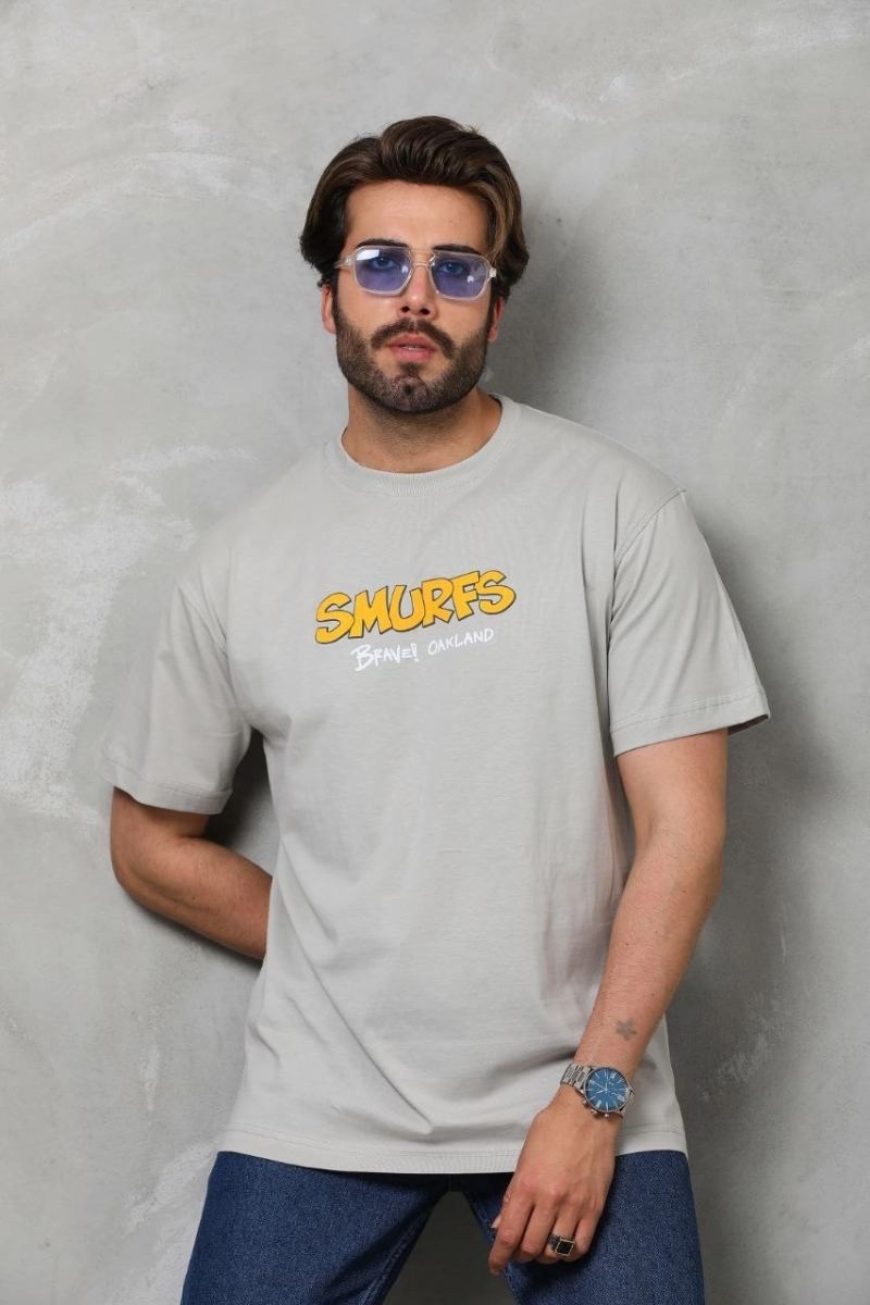 Fantastik Store Erkek Kısa Kol Yazlık Tişört Bisiklet Yaka Baskılı Oversize T-Shirt - Gri görsel 5