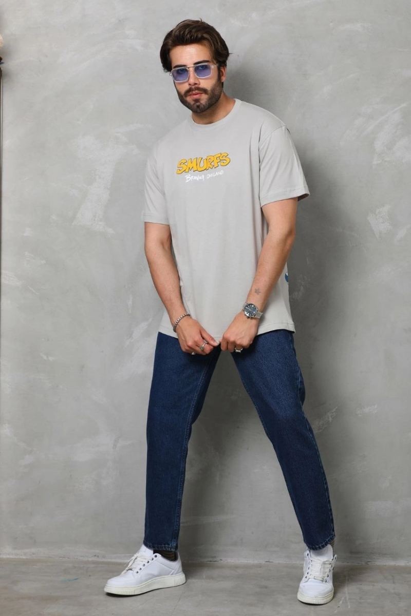 Fantastik Store Erkek Kısa Kol Yazlık Tişört Bisiklet Yaka Baskılı Oversize T-Shirt - Gri görsel 6