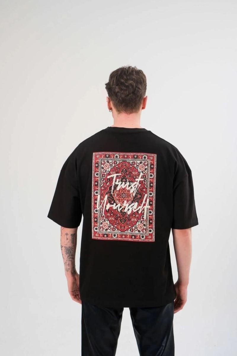 Fantastik Store Erkek Kısa Kol Yazlık Tişört Bisiklet Yaka Baskılı Oversize T-Shirt - Siyah