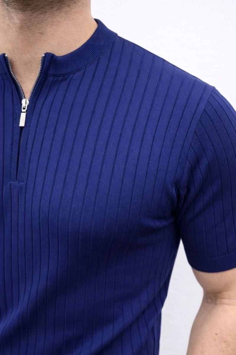 Fantastik Store Erkek Kısa Kol Fitilli Triko T-Shirt Yazlık Hakim Yaka Tişört - Lacivert görsel 3