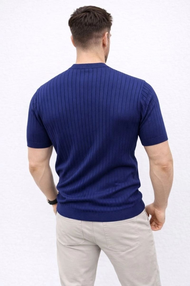 Fantastik Store Erkek Kısa Kol Fitilli Triko T-Shirt Yazlık Hakim Yaka Tişört - Lacivert görsel 4