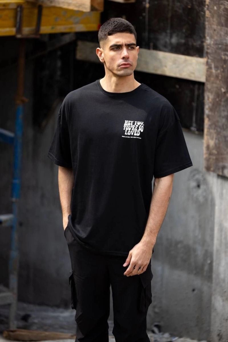Fantastik Store Erkek Kısa Kol Yazlık Tişört Bisiklet Yaka Baskılı Oversize T-Shirt - Siyah görsel 3