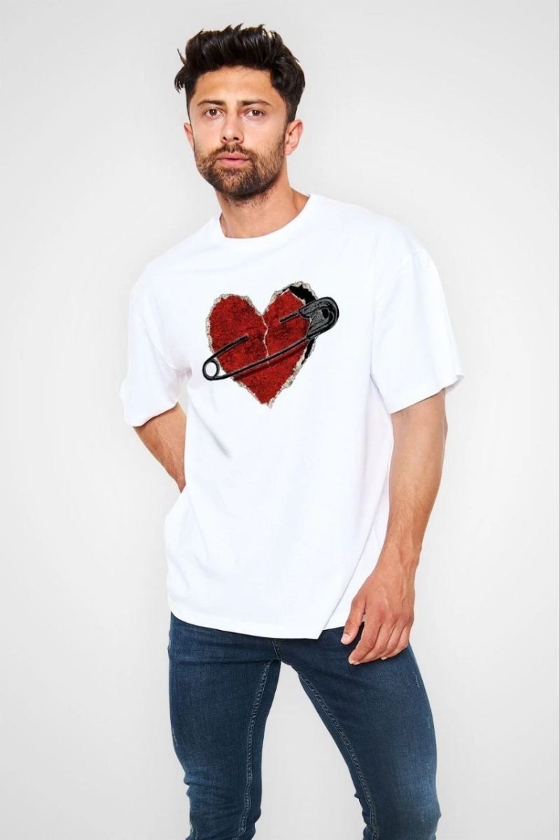 Fantastik Store Erkek Kısa Kol Tişört Bisiklet Yaka Kalp Baskılı Oversize T-Shirt - Beyaz
