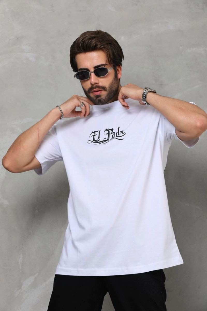 Fantastik Store Erkek Kısa Kol Yazlık Tişört Bisiklet Yaka Baskılı Oversize T-Shirt - Beyaz