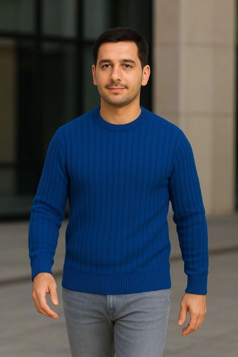 Fantastik Store Erkek Fitilli Triko Bisiklet Yaka Kalın Kazak 3'lü Set Beyaz-Saks Mavisi-Siyah görsel 2