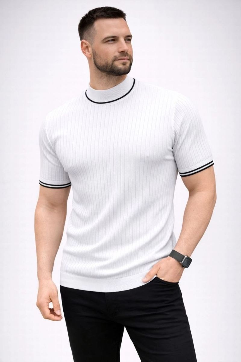 Fantastik Store Erkek Fitilli Triko Dokuma Kısa Kol Tişört Yarım Boğaz Modern Yazlık T-Shirt - Beyaz
