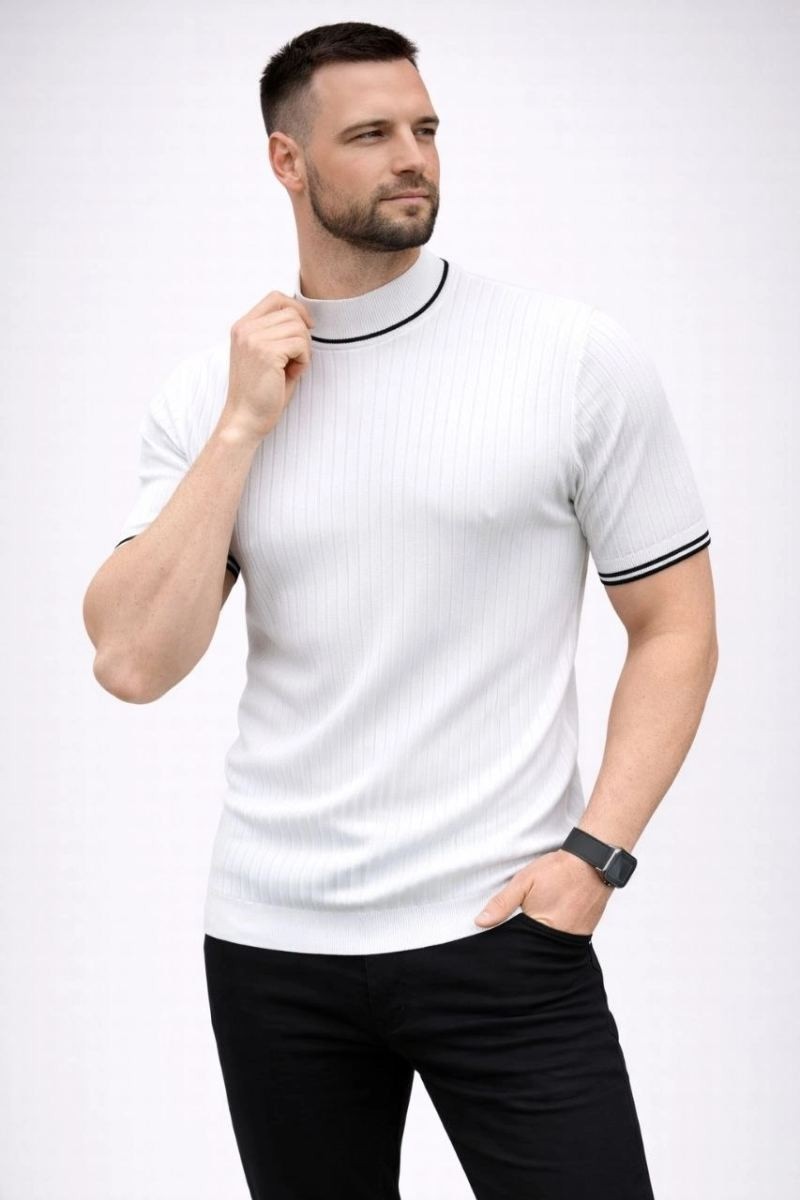 Fantastik Store Erkek Fitilli Triko Dokuma Kısa Kol Tişört Yarım Boğaz Modern Yazlık T-Shirt - Beyaz görsel 2