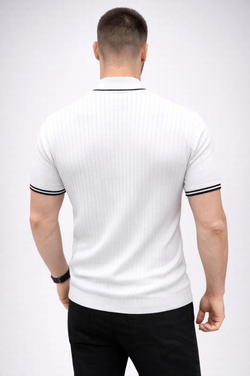 Fantastik Store Erkek Fitilli Triko Dokuma Kısa Kol Tişört Yarım Boğaz Modern Yazlık T-Shirt - Beyaz görsel 3