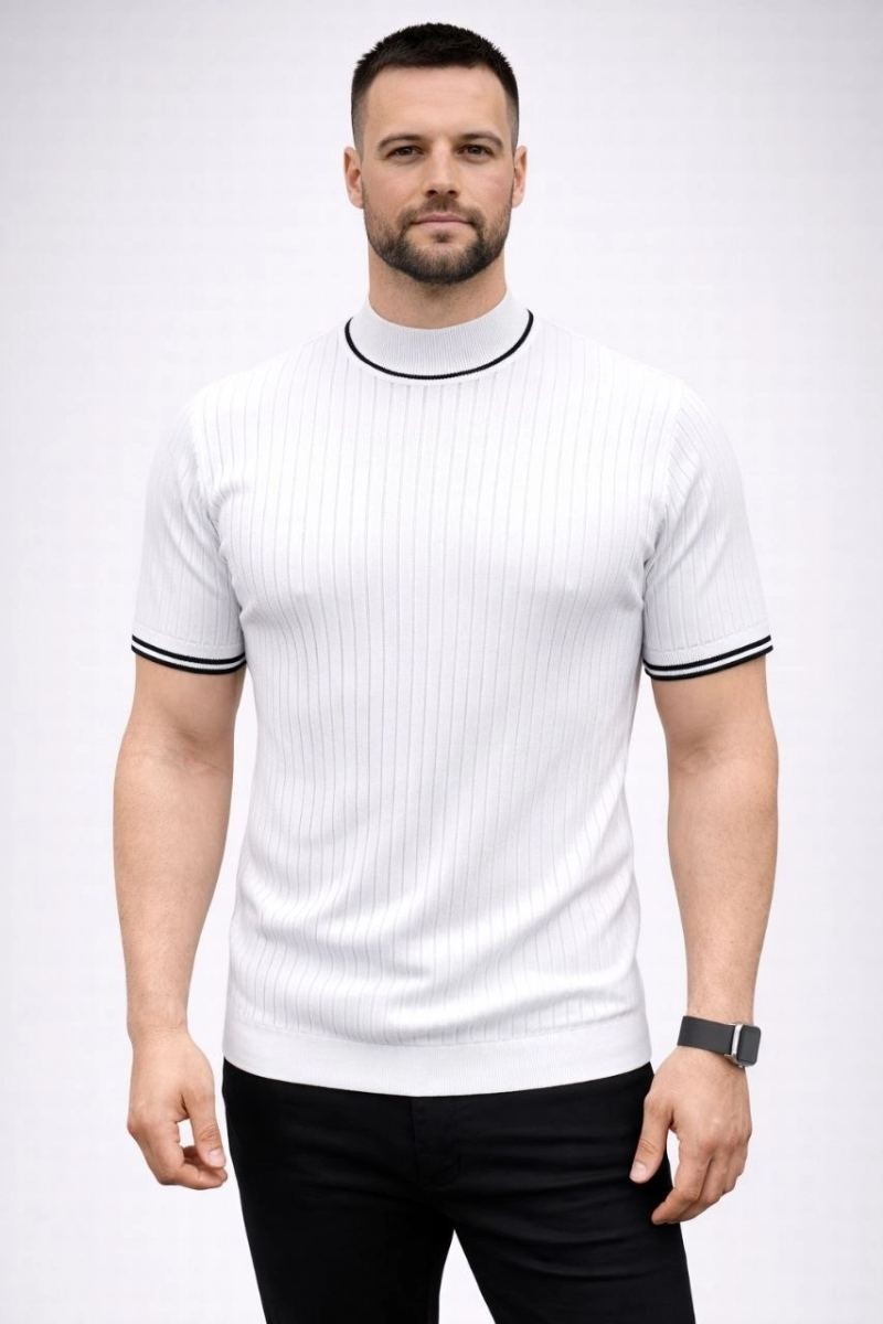 Fantastik Store Erkek Fitilli Triko Dokuma Kısa Kol Tişört Yarım Boğaz Modern Yazlık T-Shirt - Beyaz görsel 4