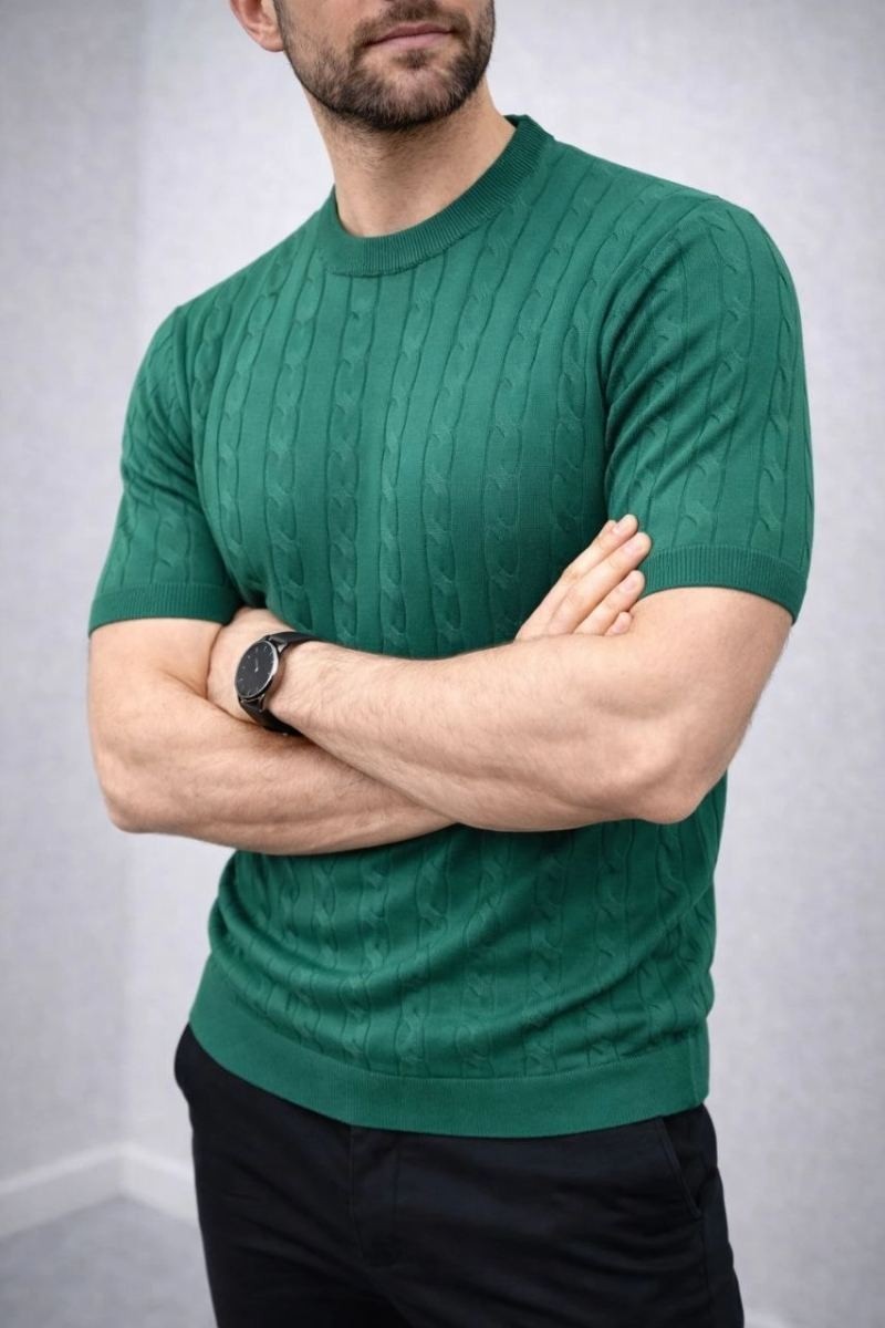 Fantastik Store Erkek Yazlık Triko Dokuma Tişört Kısa Kol Bisiklet Yaka Örgü Desenli T-Shirt - Haki