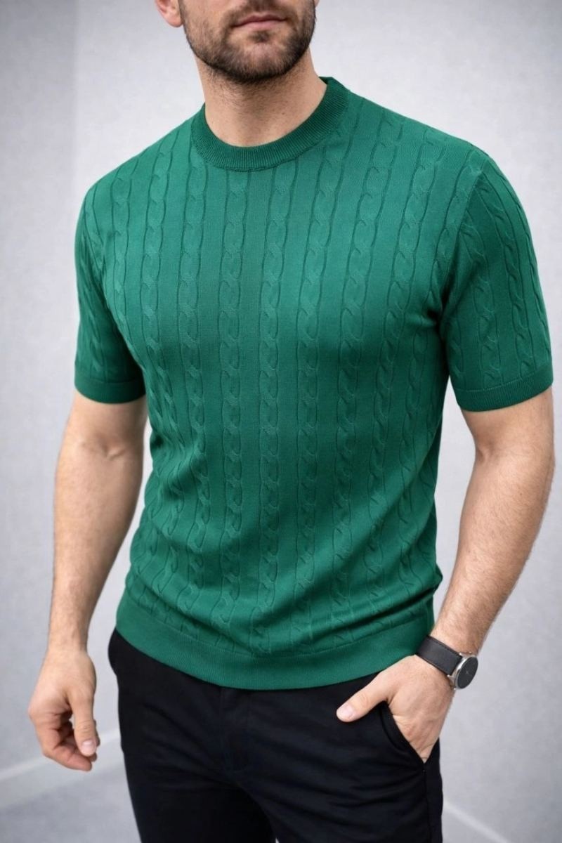 Fantastik Store Erkek Yazlık Triko Dokuma Tişört Kısa Kol Bisiklet Yaka Örgü Desenli T-Shirt - Haki görsel 2