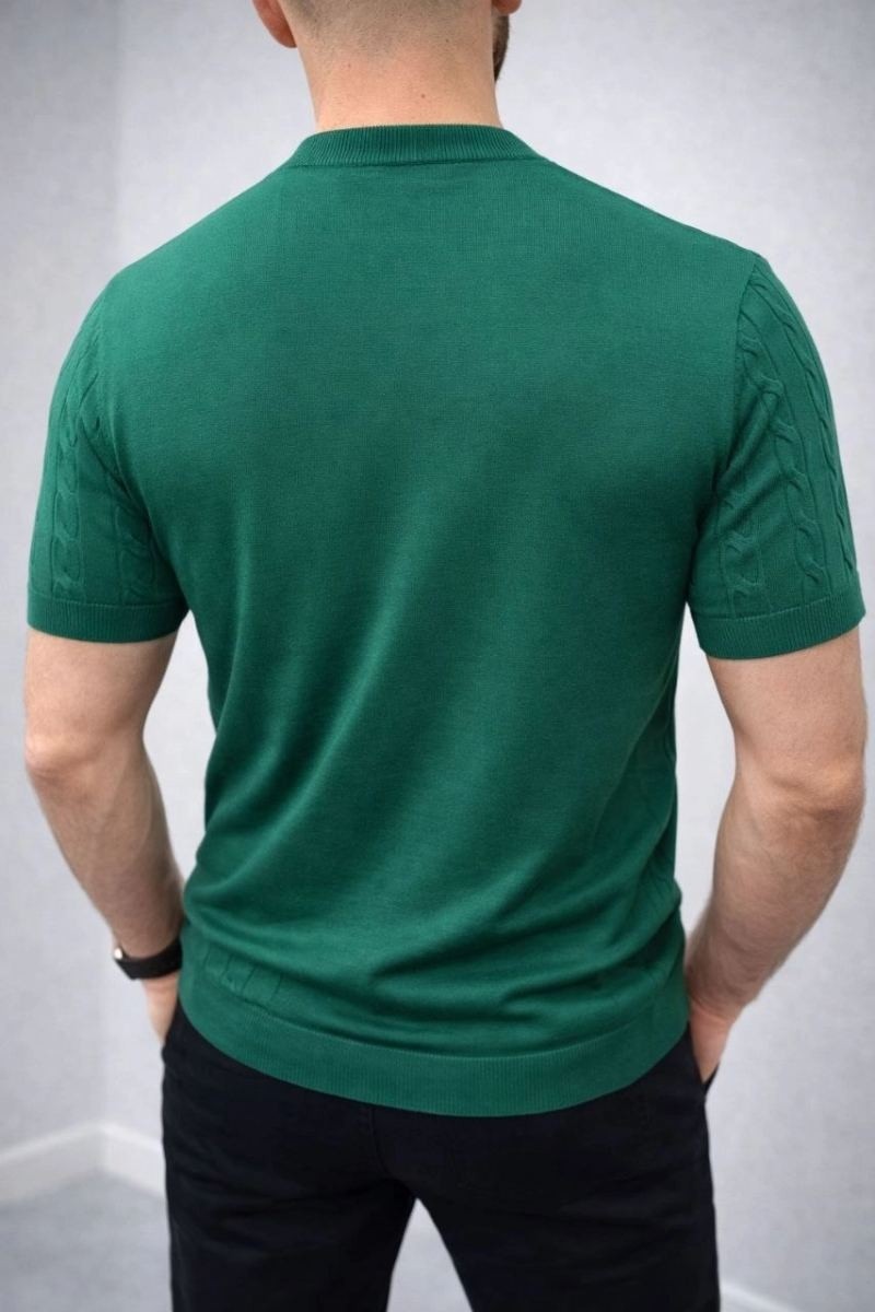 Fantastik Store Erkek Yazlık Triko Dokuma Tişört Kısa Kol Bisiklet Yaka Örgü Desenli T-Shirt - Haki görsel 3