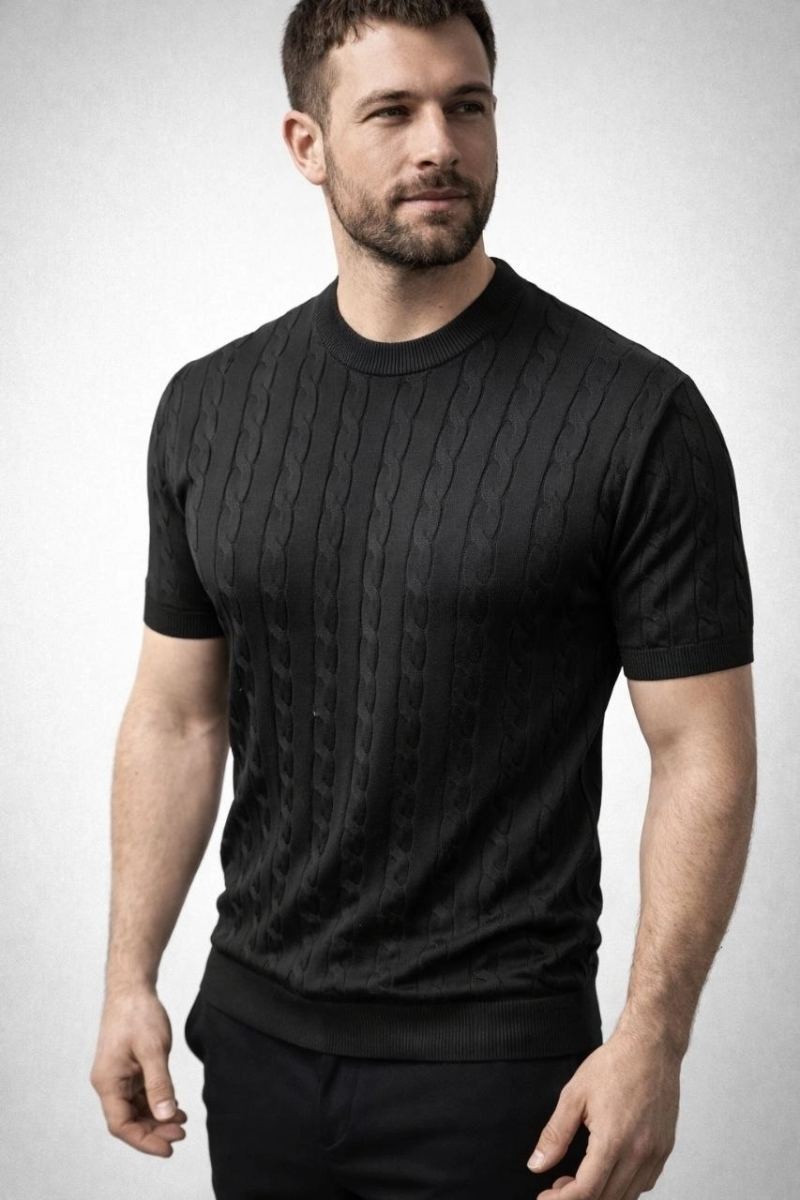 Fantastik Store Erkek Yazlık Triko Dokuma Tişört Kısa Kol Bisiklet Yaka Örgü Desenli T-Shirt - Siyah