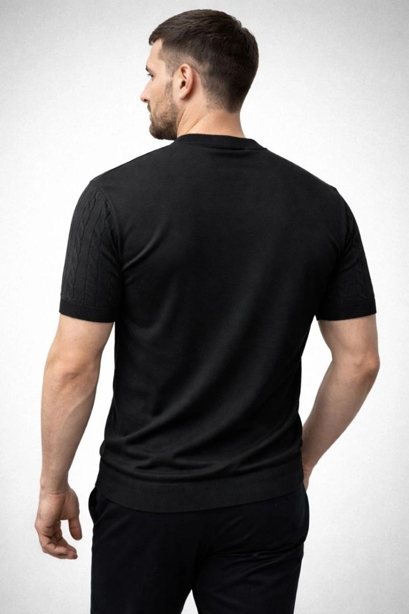 Fantastik Store Erkek Yazlık Triko Dokuma Tişört Kısa Kol Bisiklet Yaka Örgü Desenli T-Shirt - Siyah görsel 5