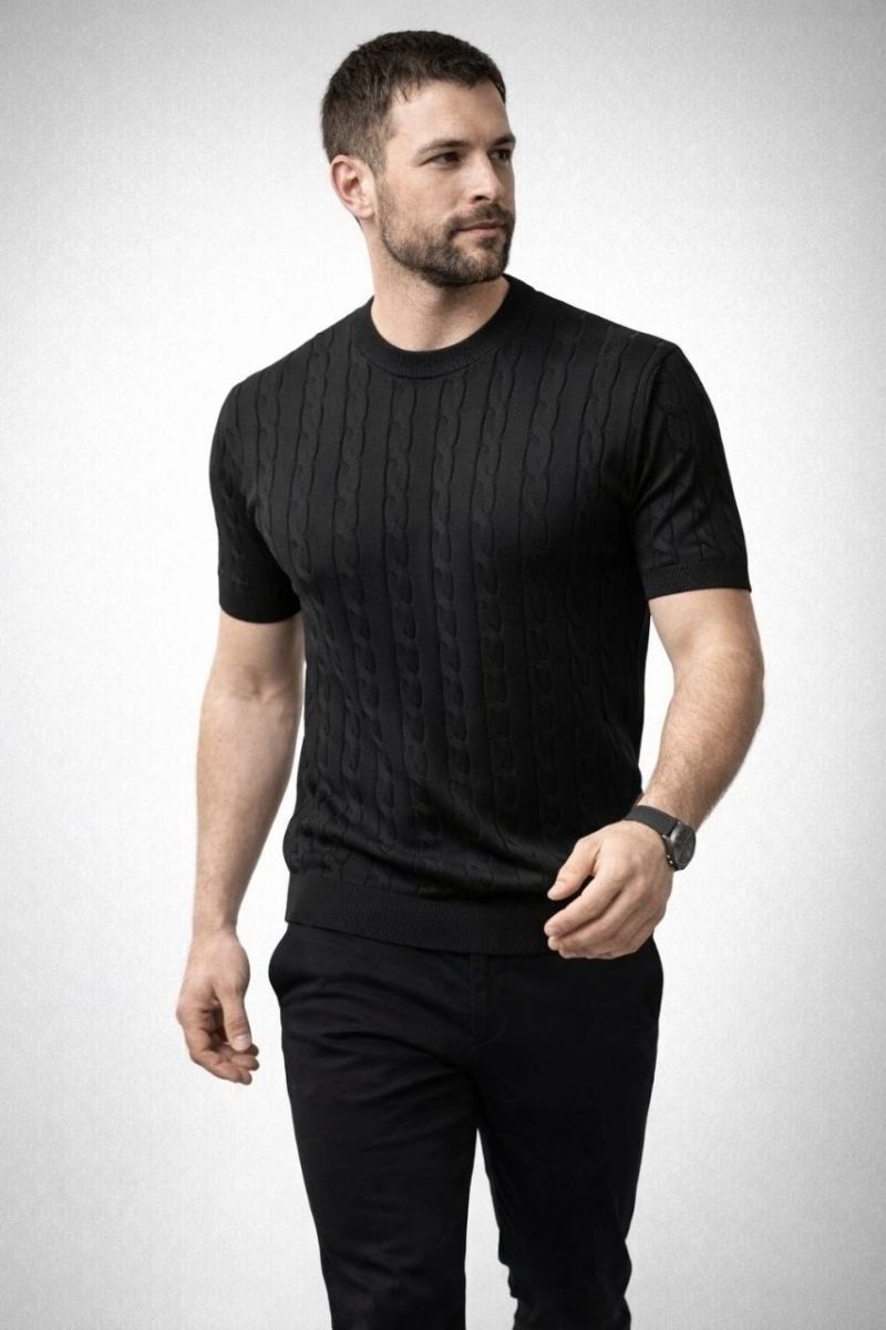 Fantastik Store Erkek Yazlık Triko Dokuma Tişört Kısa Kol Bisiklet Yaka Örgü Desenli T-Shirt - Siyah görsel 6