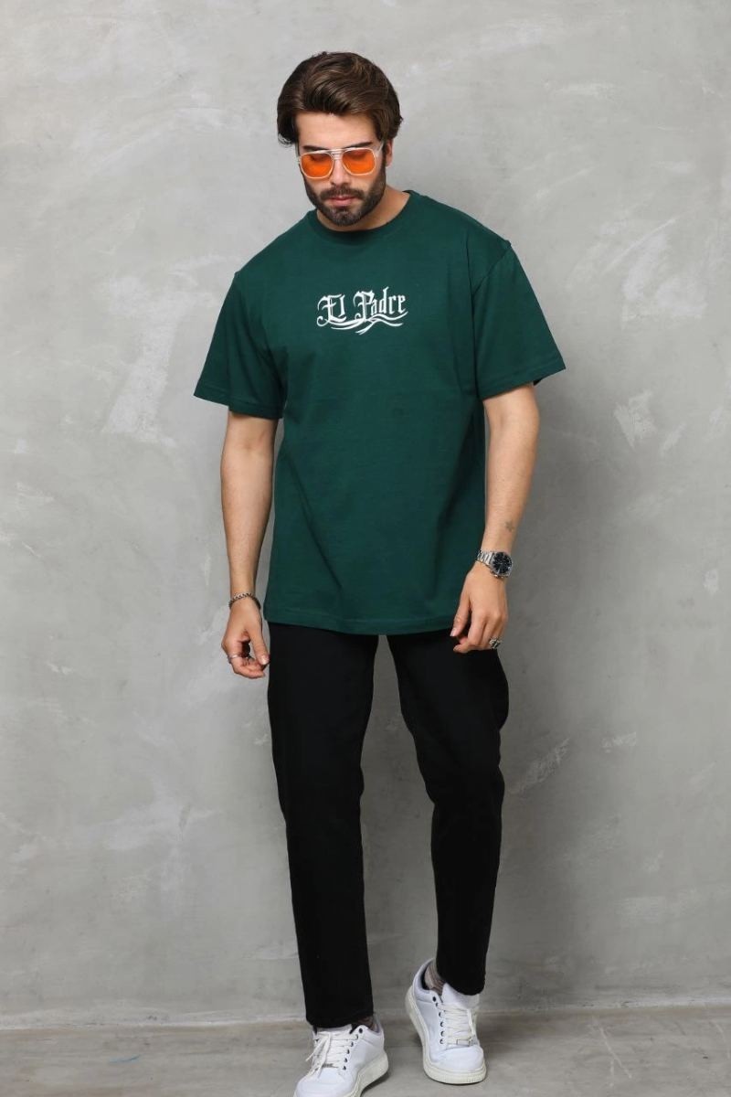 Fantastik Store Erkek Kısa Kol Yazlık Tişört Bisiklet Yaka Baskılı Oversize T-Shirt - Yeşil
