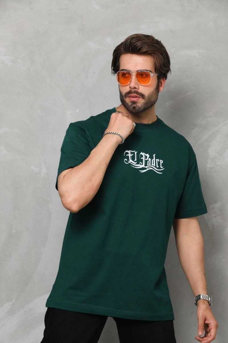 Fantastik Store Erkek Kısa Kol Yazlık Tişört Bisiklet Yaka Baskılı Oversize T-Shirt - Yeşil görsel 6