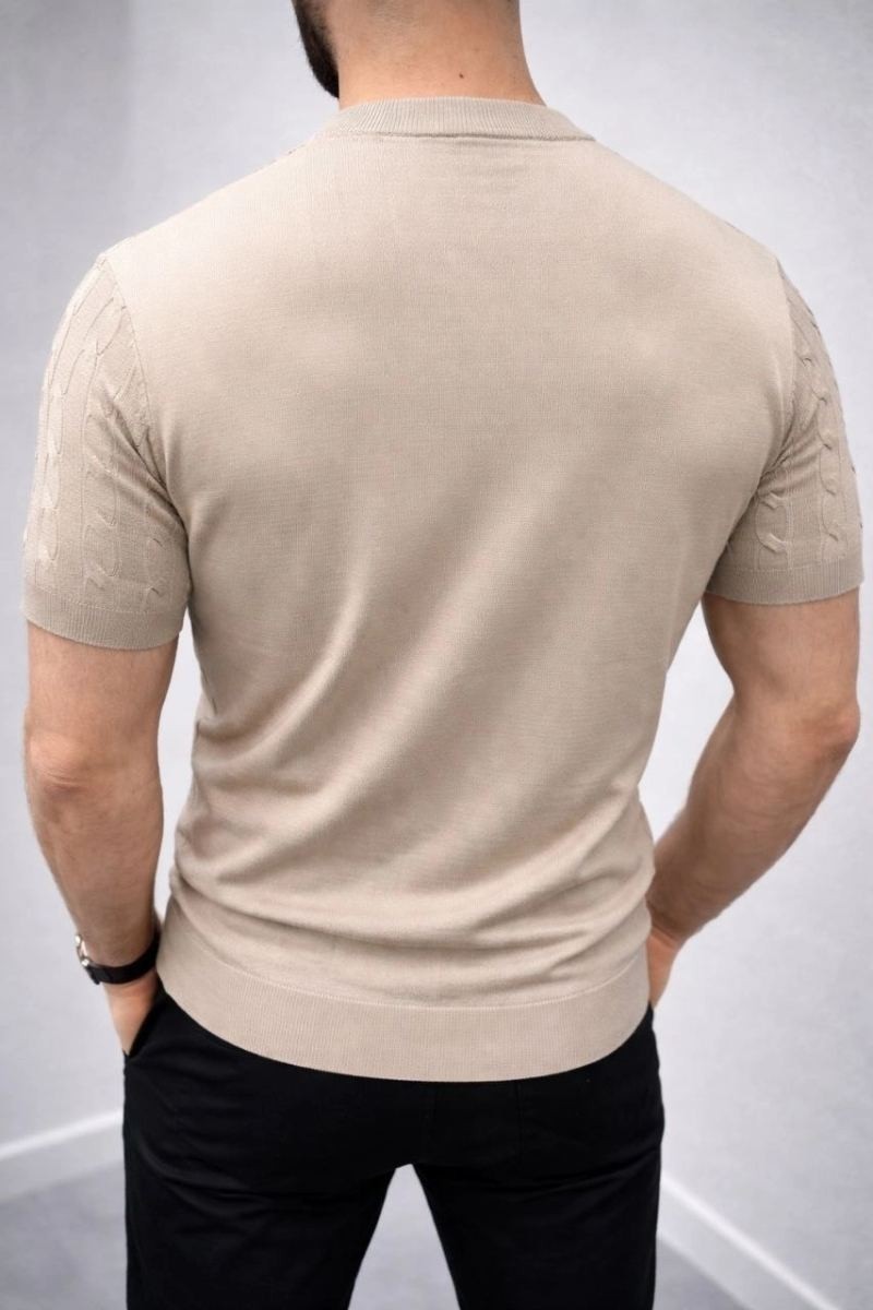 Fantastik Store Erkek Yazlık Triko Dokuma Tişört Kısa Kol Bisiklet Yaka Örgü Desenli T-Shirt - Bej görsel 2