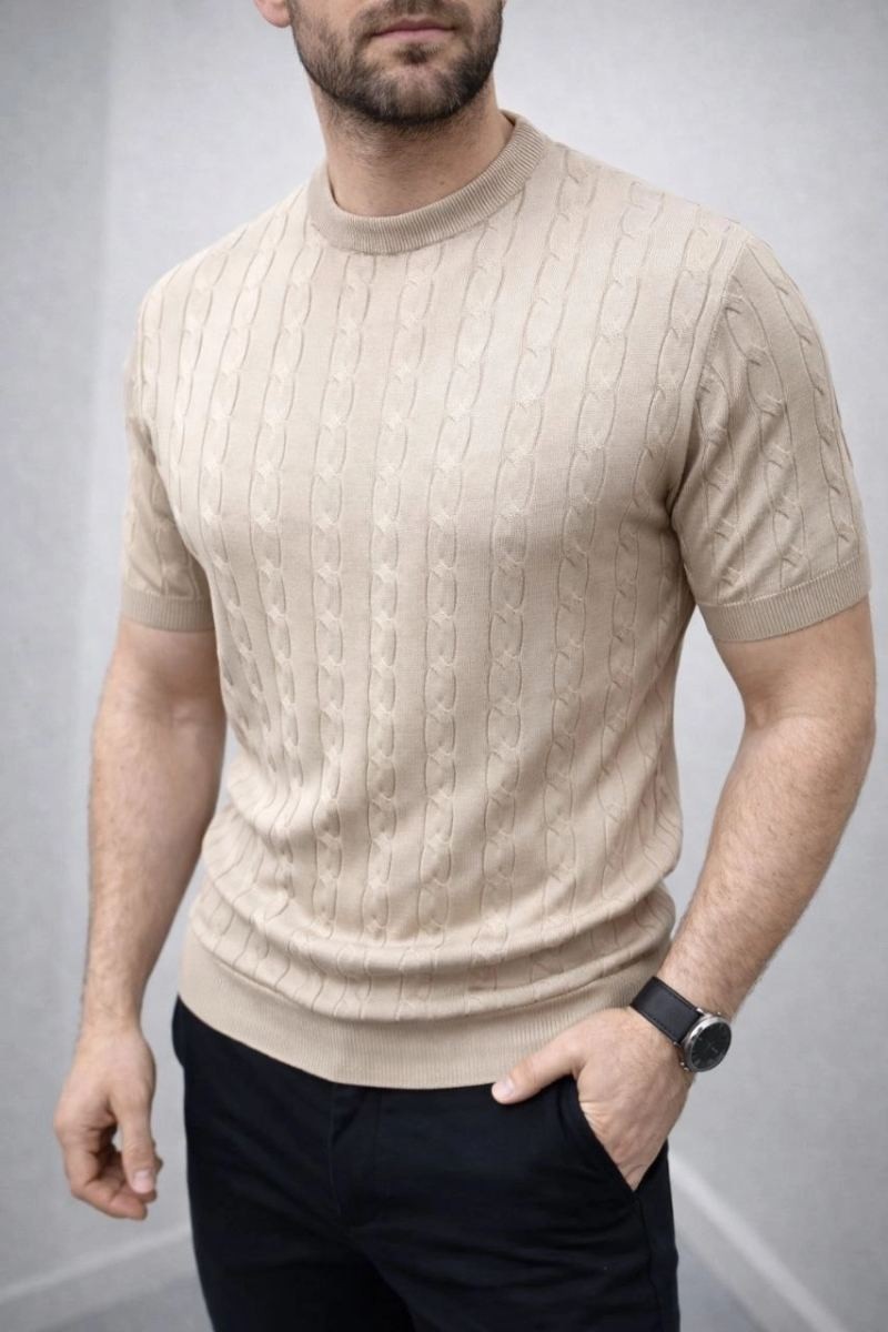 Fantastik Store Erkek Yazlık Triko Dokuma Tişört Kısa Kol Bisiklet Yaka Örgü Desenli T-Shirt - Bej görsel 3