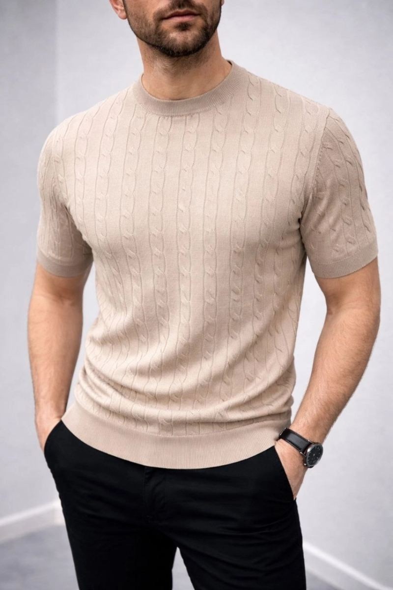 Fantastik Store Erkek Yazlık Triko Dokuma Tişört Kısa Kol Bisiklet Yaka Örgü Desenli T-Shirt - Bej görsel 4