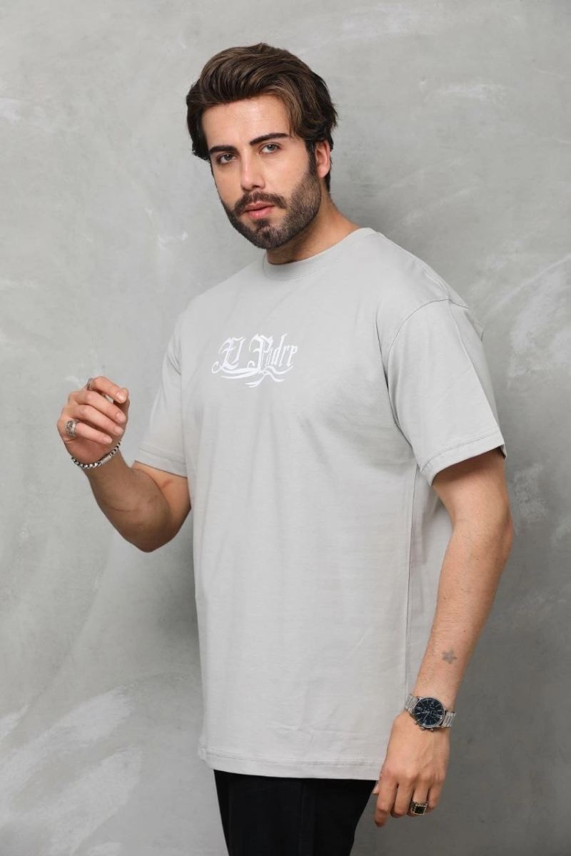 Fantastik Store Erkek Kısa Kol Yazlık Tişört Bisiklet Yaka Baskılı Oversize T-Shirt - Gri