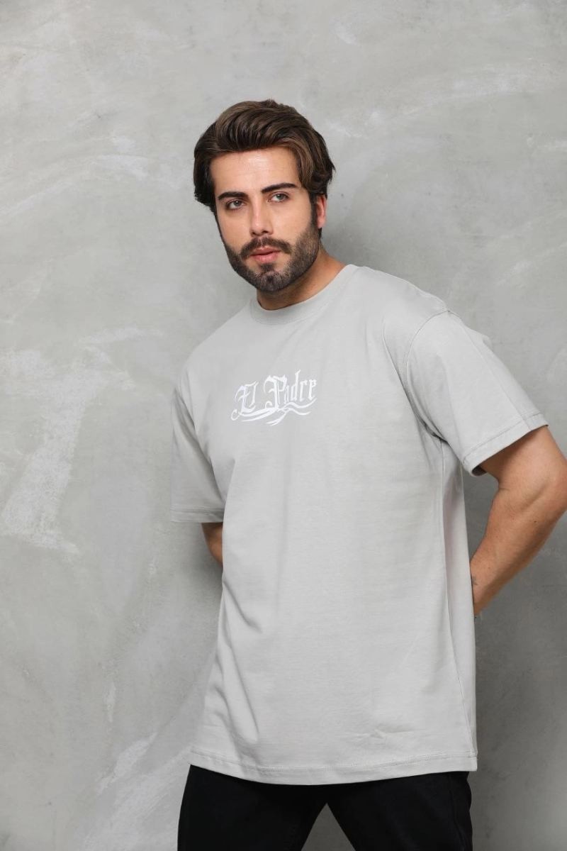 Fantastik Store Erkek Kısa Kol Yazlık Tişört Bisiklet Yaka Baskılı Oversize T-Shirt - Gri görsel 4
