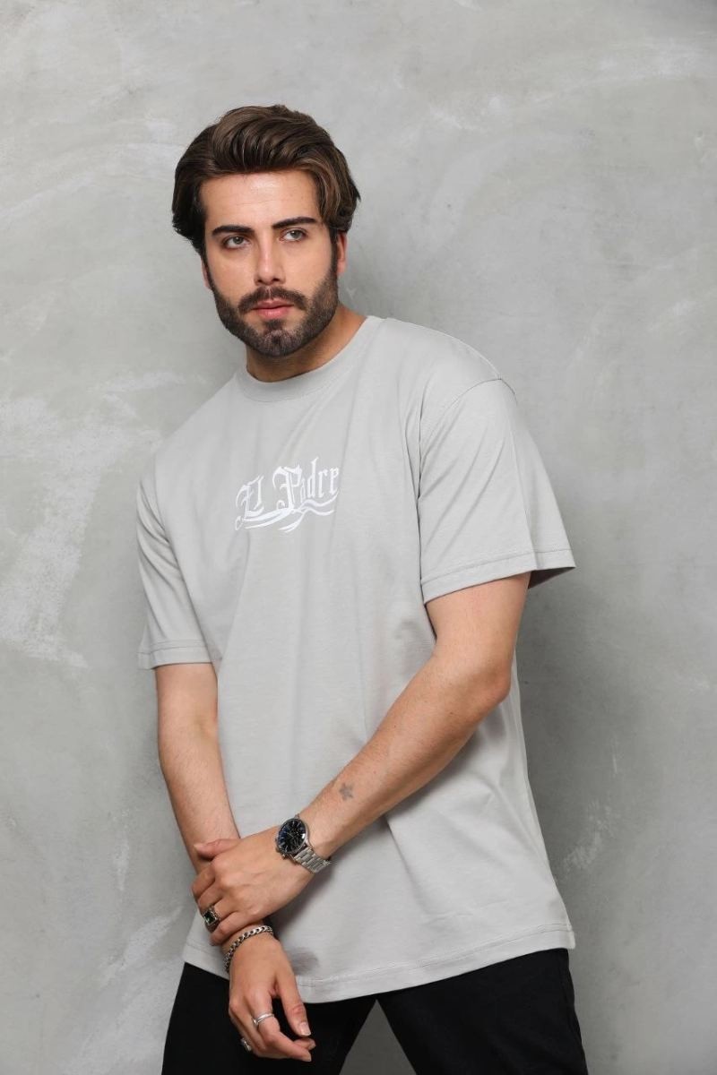 Fantastik Store Erkek Kısa Kol Yazlık Tişört Bisiklet Yaka Baskılı Oversize T-Shirt - Gri görsel 5