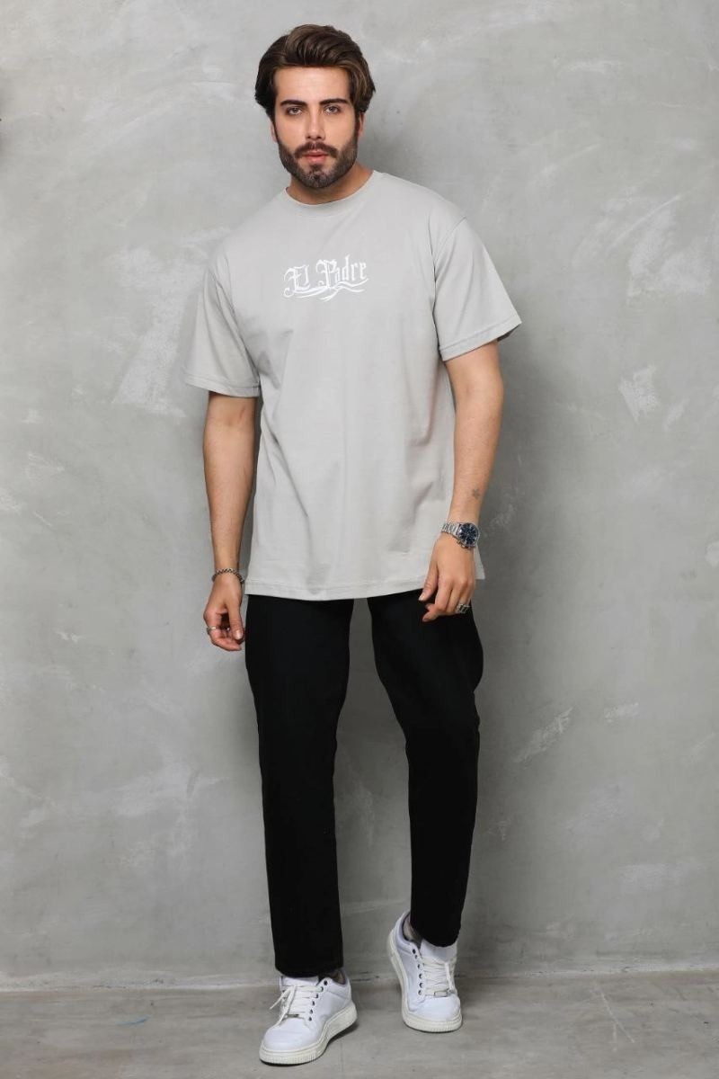 Fantastik Store Erkek Kısa Kol Yazlık Tişört Bisiklet Yaka Baskılı Oversize T-Shirt - Gri görsel 6