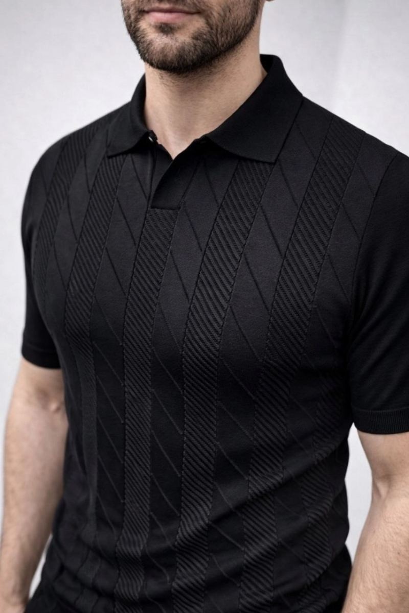 Fantastik Store Erkek Yazlık Triko Dokuma Tişört Kısa Kol Polo Yaka T-Shirt - Siyah