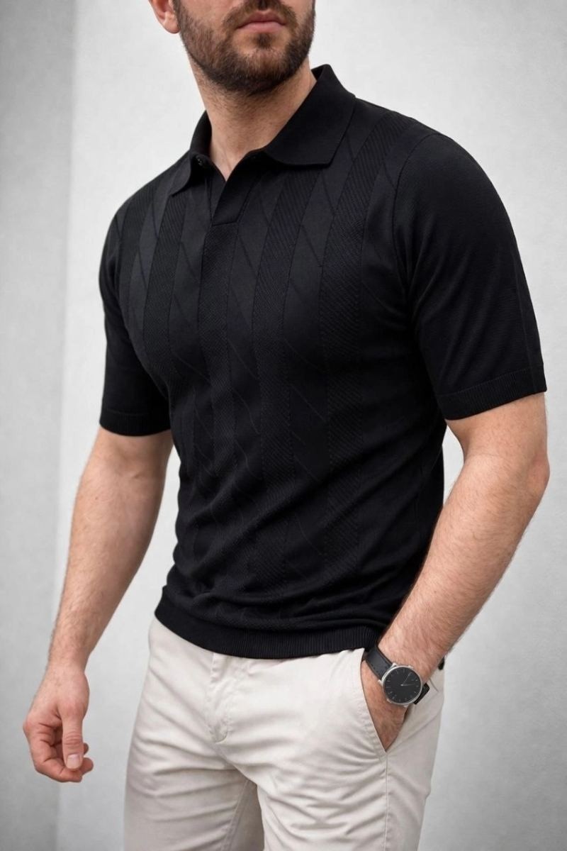 Fantastik Store Erkek Yazlık Triko Dokuma Tişört Kısa Kol Polo Yaka T-Shirt - Siyah görsel 3