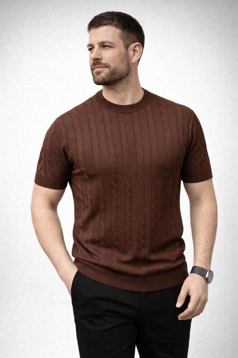 Fantastik Store Erkek Yazlık Triko Dokuma Tişört Kısa Kol Bisiklet Yaka Örgü Desenli T-Shirt - Kahverengi görsel 2